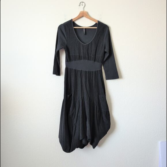 Inizio Dress Medium Cotton Corduroy Bubble Hem Black Magic 2 Pocket Lagenlook M - Picture 5 of 12